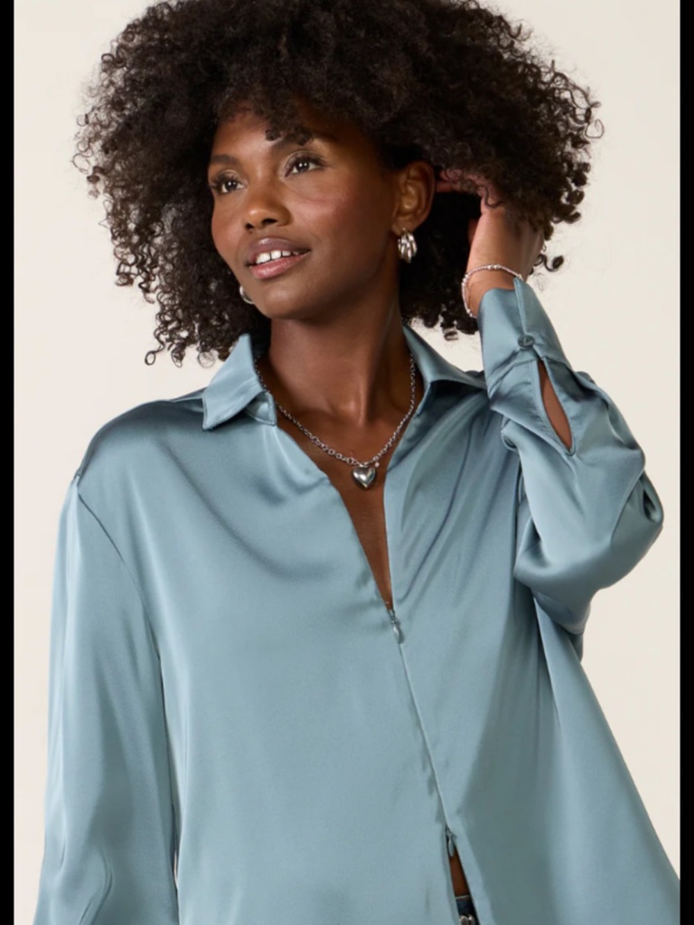 Evereve Satin Light Blue Button-Front Blouse
